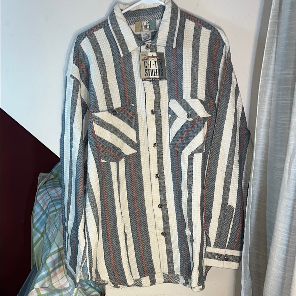 Men's‎ Striped Utility Shirt - Gray, Cream, and Red City Streets Blokecore